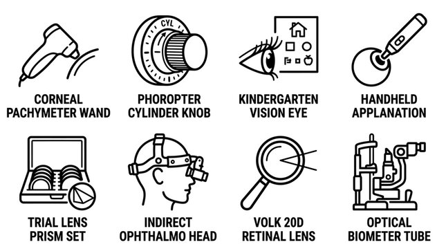 Ophthalmology and optometry equipment icons showing corneal pachymeter wand phoropter cylinder knob kindergarten vision eye handheld applanation trial lens prism set indirect ophthalmo head volk 20d