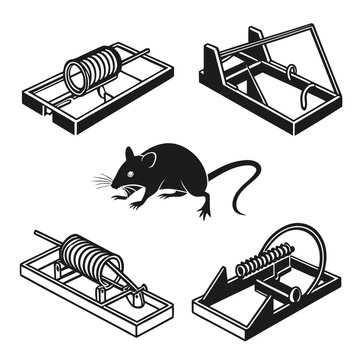 Collection of four different metal spring-loaded mouse traps and a silhouette of a mouse on a white background, for pest control