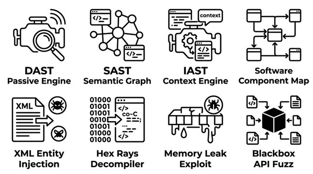 Set of advanced cybersecurity vulnerability analysis icons with cybersecurity vulnerability analysis software security component injection decompiler technology development protection