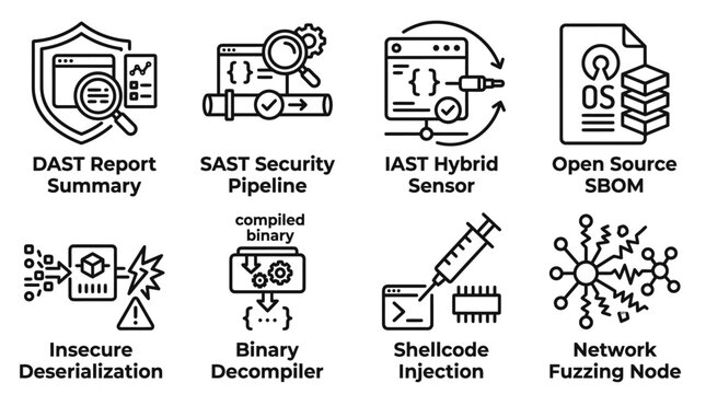 Icons for application security and network penetration testing with security software vulnerability pipeline deserialization decompiler shellcode injection technology development protection