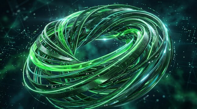 Abstract glowing green digital network ring in dark futuristic background
