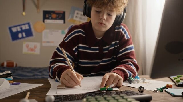 Caucasian male teenager wearing headphones writing homework on paper at desk, slow motion tilt down. Perfect for online tutoring services, distance education campaigns and e learning platforms