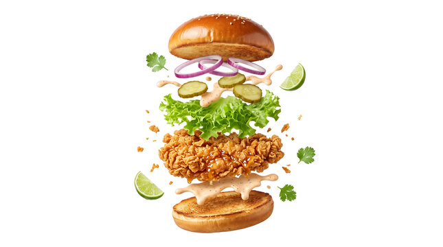 Flying crispy chicken burger with floating ingredients isolated on black background