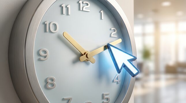 Digital deadline concept with a cursor moving a clock hand, representing schedule control, time pressure, and online productivity