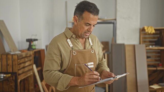 Man carpenter in apron writes on clipboard with pencil while holding clipboard amid wood planks and tools in a studio; focused planning.
