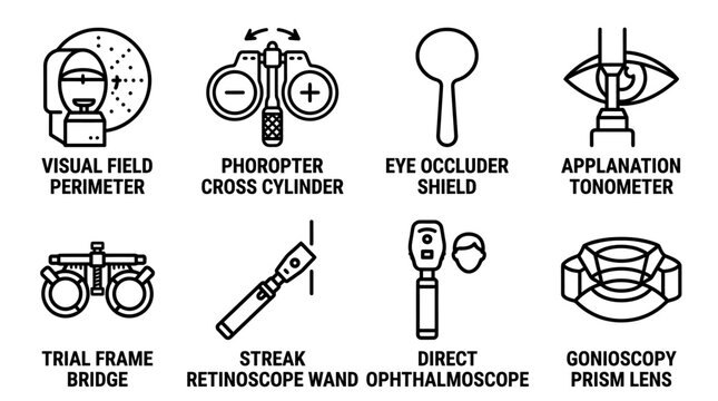 Ophthalmology and eye examination diagnostic instrument icons with ophthalmology examination diagnostic instrument perimeter phoropter tonometer occluder retinoscope ophthalmoscope clinical