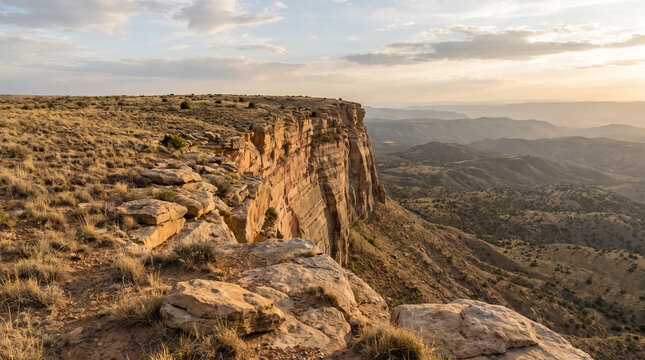 High plateau cliff edge overlooking vast desert canyon at sunset landscape. Concept of steep escarpment, mesa, rock formation, valley.