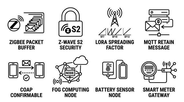 Set of io t and wireless network technology icons including zigbee z-wave mqtt co ap and smart sensor nodes with z wave wireless technology communication protocol computing internet connected