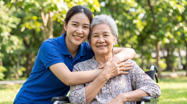 A smiling young Asian caregiver embraces an elderly woman in a wheelchair outdoors in a lush green park, showcasing a heartwarming moment of care and companionship.