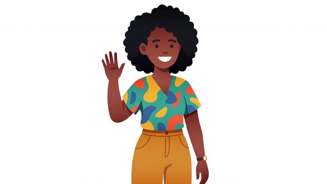 Friendly illustrated woman waving hello with curly hair and colorful patterned shirt isolated on white background Prores Alpha 4K 60 fps Looping
