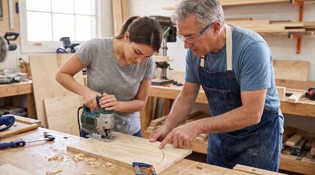 Woodworking instructor guides apprentice using electric jigsaw to cut curved plywood in workshop. Concept of woodworking class, carpentry workshop.