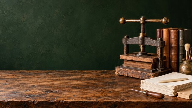 Antique Book Press and Leather Volumes in a Forest Green Bookbinding Workshop