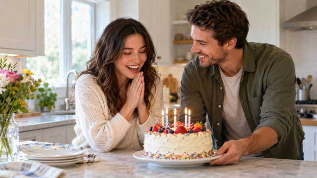 Happy young couple celebrating birthday with homemade cake and candles in kitchen at home. Concept of birthday celebration, surprise party, lit candles.