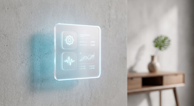Futuristic smart home control panel with glowing glass interface on modern concrete wall. Concept of glassmorphism, smart house, dashboard, ui design. Copy space.