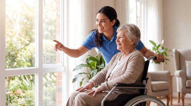 A compassionate caregiver assists an elderly woman in a wheelchair, pointing towards the bright outdoor view from a large window, sharing a warm moment.