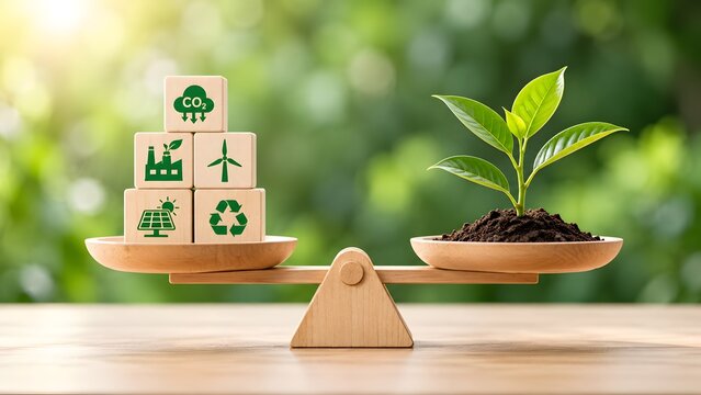 Eco friendly sustainability concept with wooden scale balancing renewable energy icons and growing plant representing environmental conservation