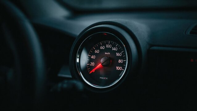 Close-up of a car speedometer gauge with a red needle against a dark dashboard background