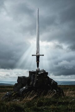 A steel broadsword embedded in a stone cairn under a cloudy sky with sunbeams