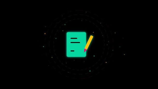 Document writing and editing icon animation video clip. Featuring a glowing cyan notepad and yellow pencil. Stock video footage for software apps