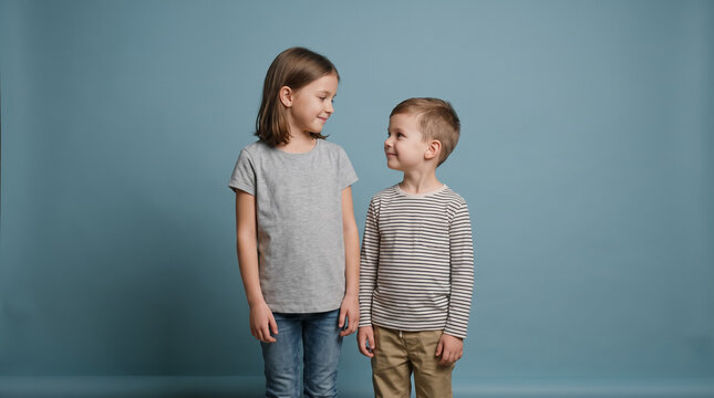 Cute sister and brother standing side by side smiling at each other against blue background. Concept of young children, siblings, boy, girl. Copy space.