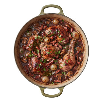 Savory coq au vin cooked with chicken mushrooms and bacon in wine sauce on transparent background