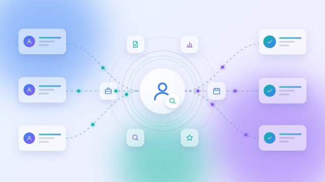 Human resources recruitment network motion graphic linking candidate profiles to central user search interface