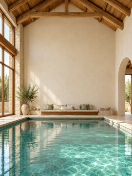 Indoor Swimming Pool with High Timber Ceiling and Cream Plaster Copy Space