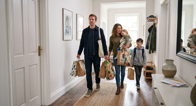 Happy family with children carrying shopping bags while walking through hallway at home. Concept of parents, groceries, mother, father. Copy space.