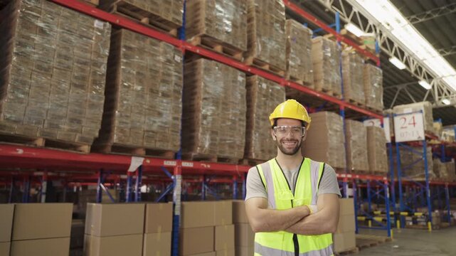 Portrait of happy young man warehouse worker in uniform wearing goggles and a yellow safety helmet standing, smiling, and arms crossed with looking at the camera in a logistics distribution factory. 