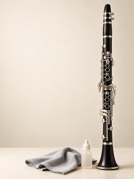 Black clarinet and cleaning accessories on a cream table with space