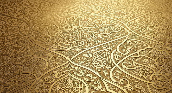 Ornate golden arabesque patterns feature intricate metallic engravings reflecting warm light across the traditional surface, creating an atmosphere of royal luxury for various luxury design