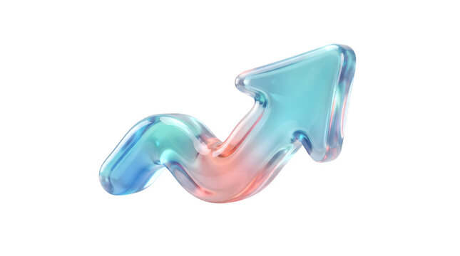 3d render of a glossy glass arrow with a gradient blue and orange color, isolated on transparent background