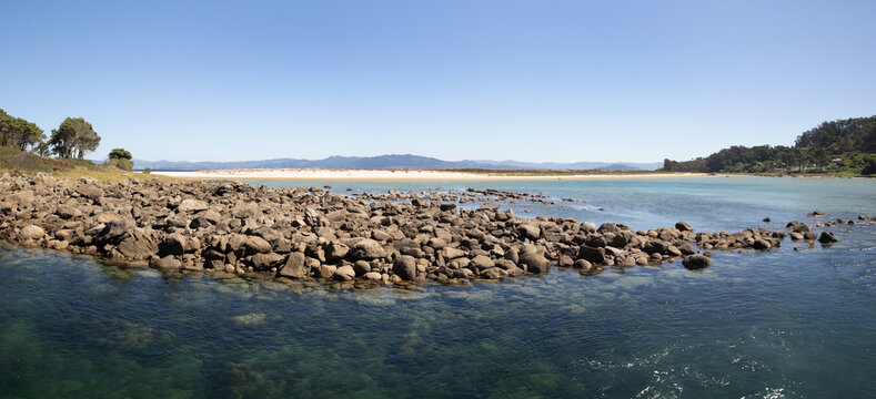 panoramic view of the lake area at cies islands natural park in galicia spain