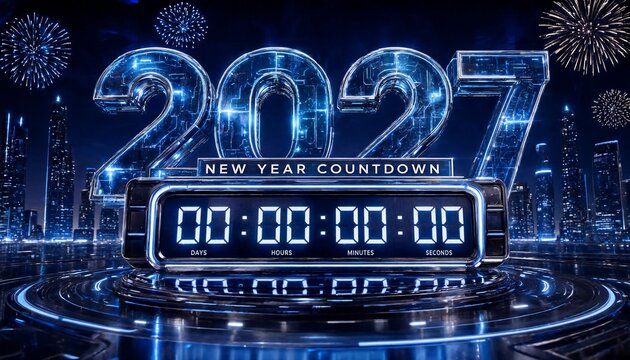 Futuristic blue digital clock displaying 2027 new year countdown with glowing numbers and fireworks background countdown fireworks futuristic celebration illumination midnight technology