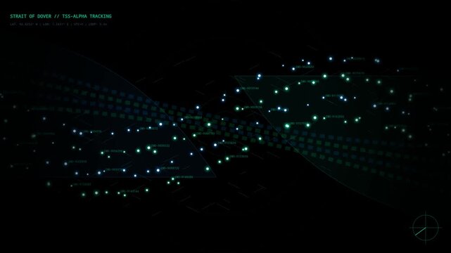 Digital radar tracking screen showing vessel movement in the strait of dover
