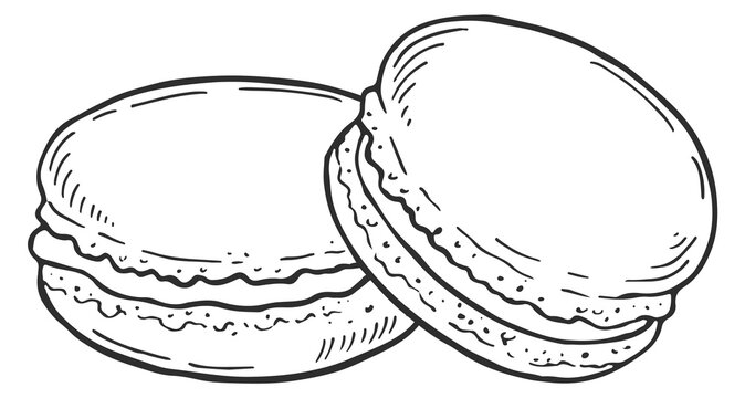 Two macarons are sitting on a white background
