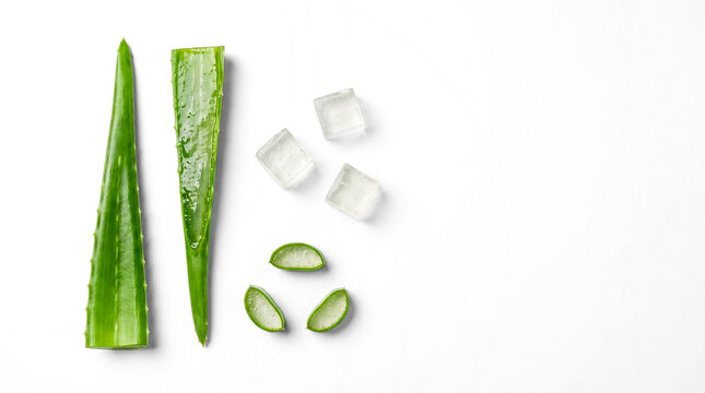 Flat Lay of Fresh Aloe Vera Leaf Peeled Gel Cubes and Succulent Slices Isolated with Copy Space for Natural Skincare Concept