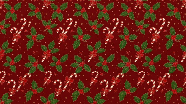 Christmas seamless pattern with candy canes and holly leaves berries red background.