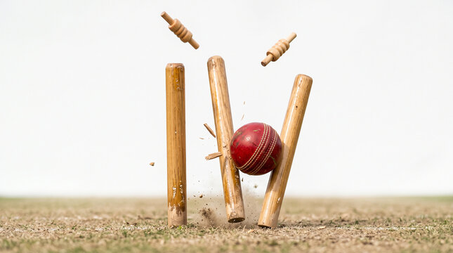 Cricket ball hitting wooden stumps and bails flying, dynamic action shot of cricket wicket hit, sports equipment on white background