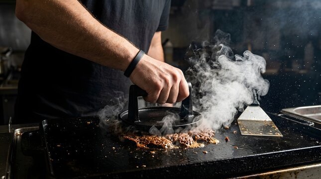 Cook pressing smash burger patty on hot griddle in commercial kitchen