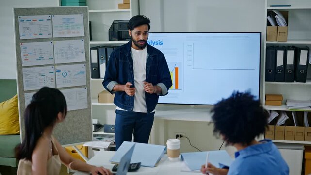 Group of creative Businesspeople brain storm meeting presentation,discussing roadmap to product launch, planning,strategy,dashboard,new business development,working with new startup project in office
