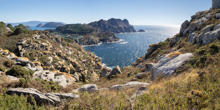 panoramic view of cies islands from alto del principe in galicia spain