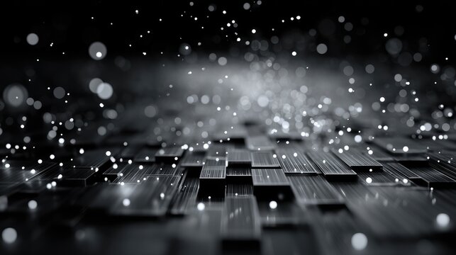 Abstract digital data wave with glowing nodes and lines flowing through dark cyberspace in a 3D render with cool blue tones and futuristic atmosphere