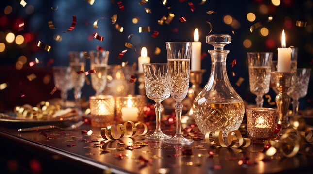 Elegant New Year's Eve celebration table setting with crystal champagne flutes, a glass decanter, lit candles, and colorful confetti against a sparkling bokeh background