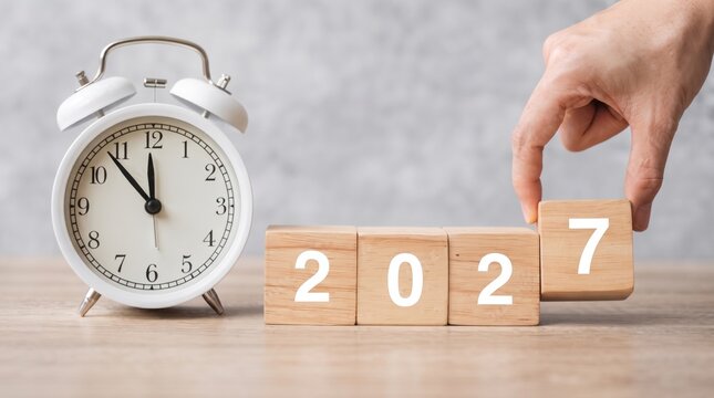 Close-up of a white analog alarm clock and wooden blocks spelling out 2027, with a hand placing the final block, symbolizing the approach of the new year.