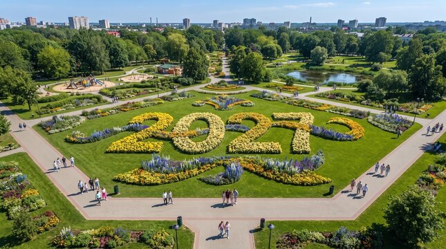 Aerial view of a park with a large floral display of the year '2027' in a garden setting, showcasing vibrant colors and landscaping.