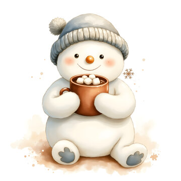 Snowman mug cocoa winter hat, cheerful holiday illustration with snowflake detail