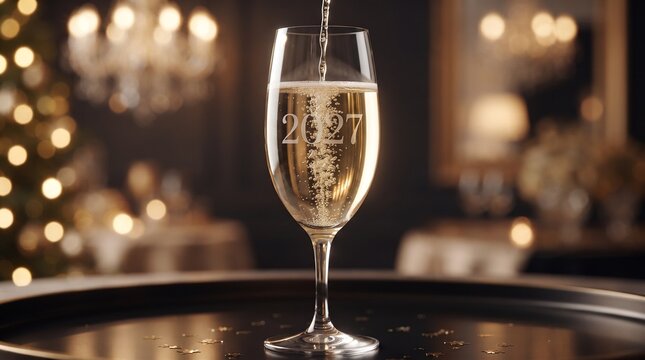 A sparkling glass being filled with champagne against a blurred, elegant festive background with warm glowing bokeh lights, featuring the inscription 2027 to celebrate the upcoming new year.
