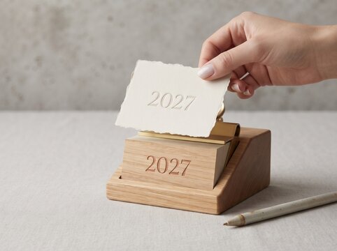 A hand placing a torn paper card marked 2027 into a wooden desktop stand with a matching 2027 engraving, arranged on a neutral grey background with a pencil nearby, embodying future planning.