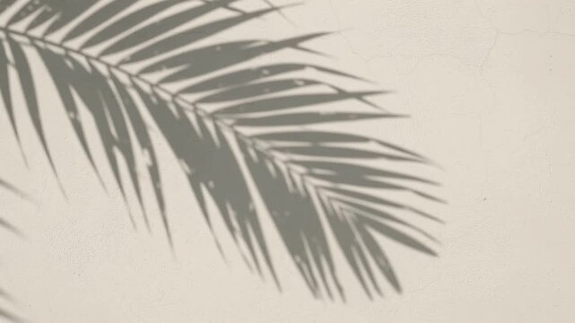 Tropical palm leaf shadow gently swaying on a textured concrete wall in daylight